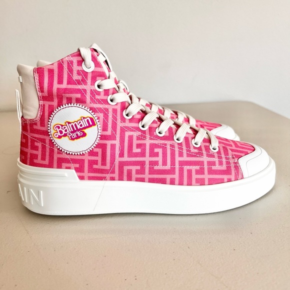 NIB Balmain X Barbie Pink Sneakers EU 40 US 10 Women’s High Top Lace Up B Court - Picture 4 of 10